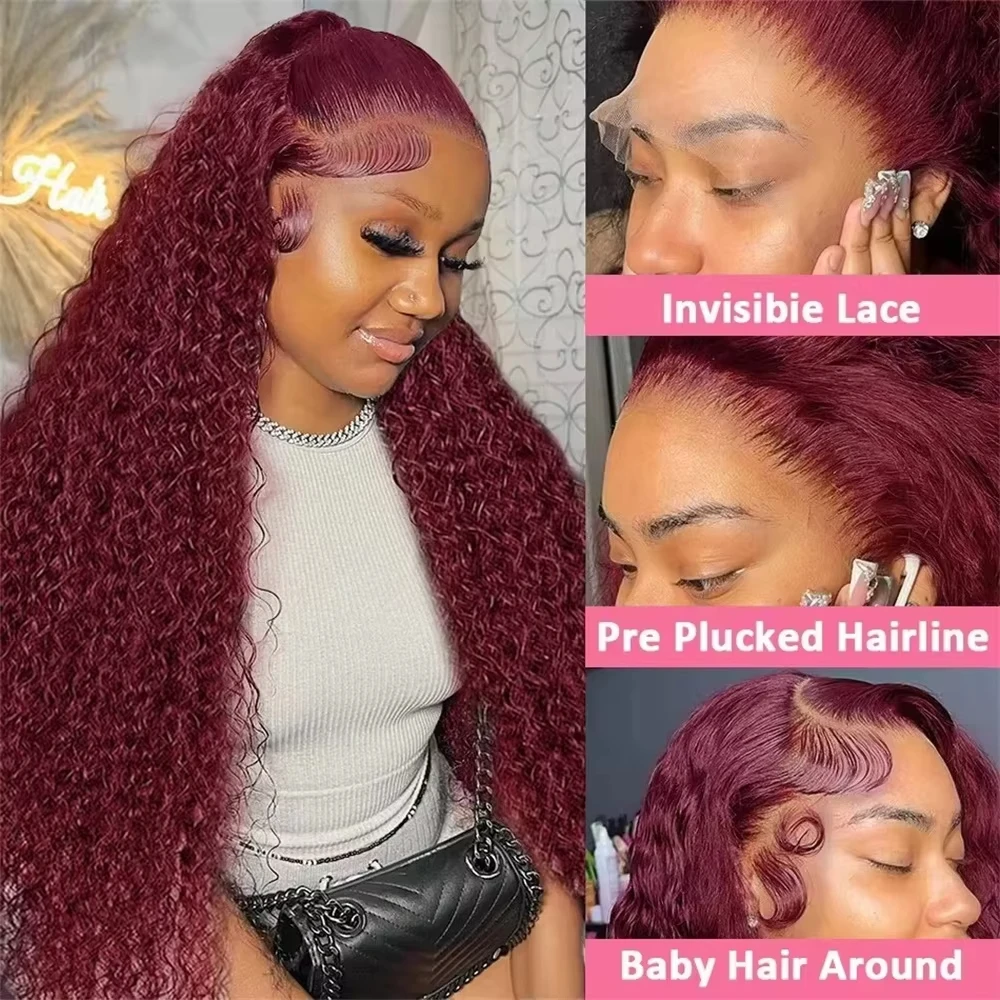 Burgundy 13x6 Hd Lace Frontal Human Hair Wig Deep Wave Curly Wigs For Women Water Wave Colored 99j Red 30 Inch Lace Front Wig