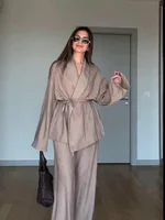 كارديجان كيمونو نسائي أحادي اللون وبناطيل ، برباط ، بلوزة برقبة على شكل حرف V ، بنطلون مستقيم ، موضة الربيع ، أزياء الصيف ، سيدتى ، بانتين ، 1