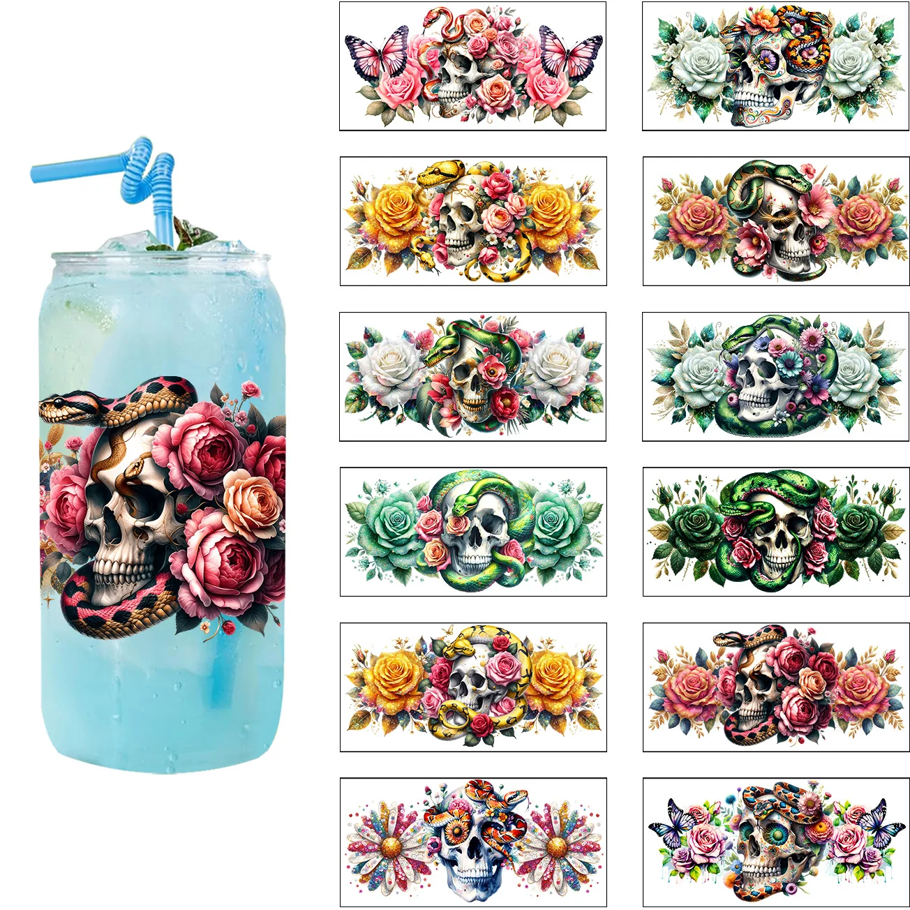 Skull Series easy peel waterproof DIY Decals Retro Beauty 3D transfers uvdtf crystal sticker 16oz uv dtf cup wraps
