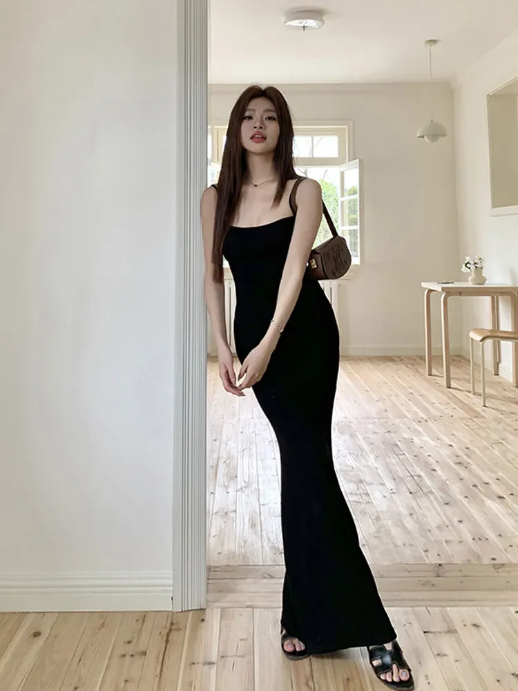 

Sexy Sheath Maxi Fishtail Dress Slim Sleeveless Spaghetti Strap Solid Dress Party Night Club One Piece Bodycon Holiday Dress