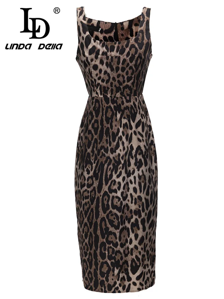 

LD LINDA DELLA 2023 Summer Fashion Leopard Print Slim-fit Wrap Hip Slip Dress Temperament Sexy Mini Dress