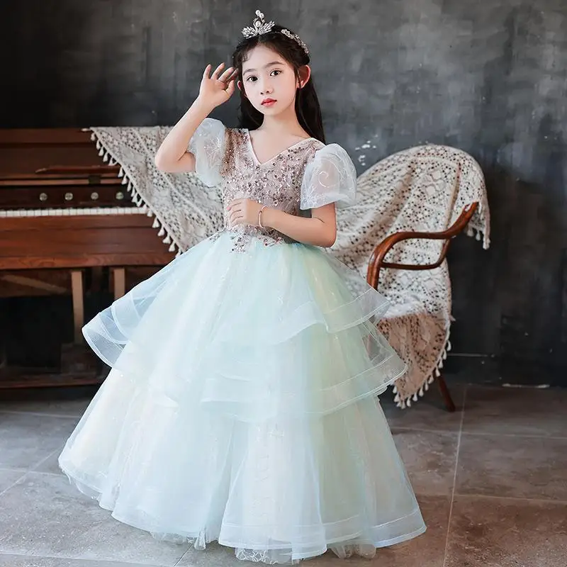 

V neck Kids Dresses For Party Wedding Sequins beaded Children Pageant Gown Gorgeous Girls Princess long Dress Girl clothes