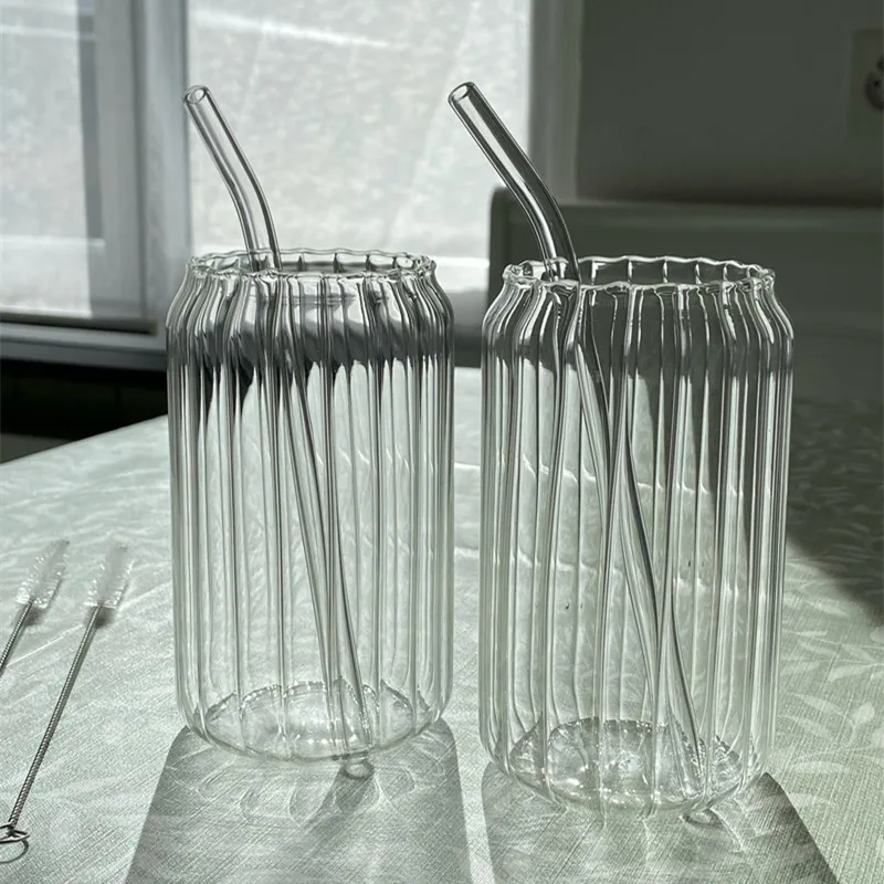 Drinking Utensil Coffee Glass Cup With Straws Wine Milk Beer Cola Juice Cold Drinkware 400/500ml Handmade Can
