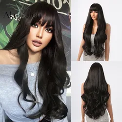ALAN EATON Black Long Body Wavy Wig for Women Synthetic Natural Wave Wigs with Bangs Daily Party Fake Hair Heat Resistant Fiber