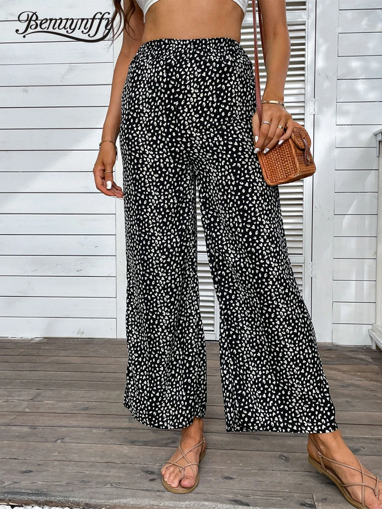 cargo capris Benuynffy Holiday Leopard Print Wide Leg Pants 2022 New Womens Fashion Boho High Elastic Waist Loose Women Summer Trousers yoga pants