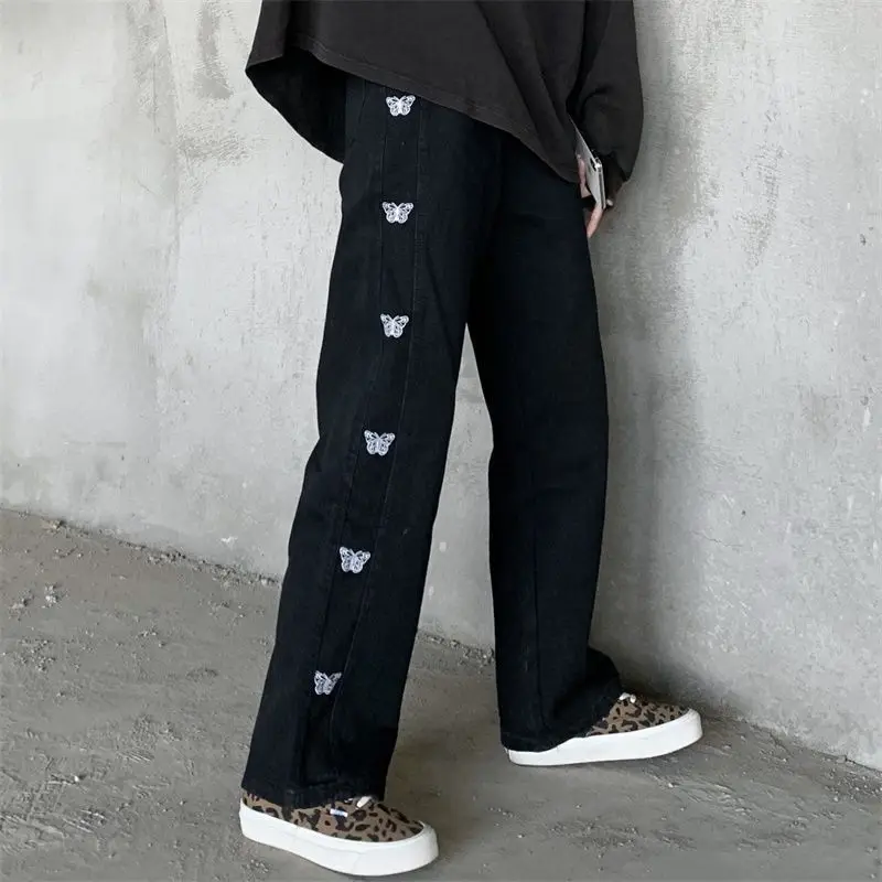 

Retro Street Side Butterfly Embroidery Y2K Jeans Women American High Street Loose Denim Pants Baggy Grunge Aesthetic Trousers
