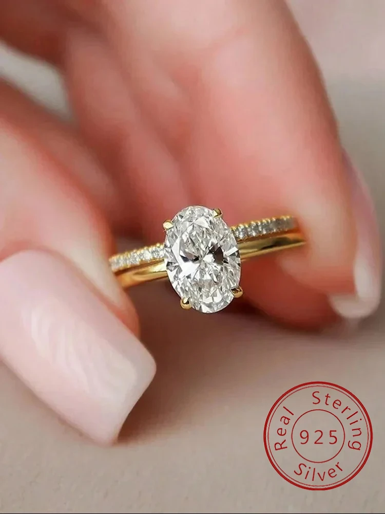 925er Sterlingsilber, goldener Luxus, ovaler Zirkon, stapelbarer Set-Ring für Frauen, Verlobung, Hochzeit, Mode, hochwertiger edler Schmuck