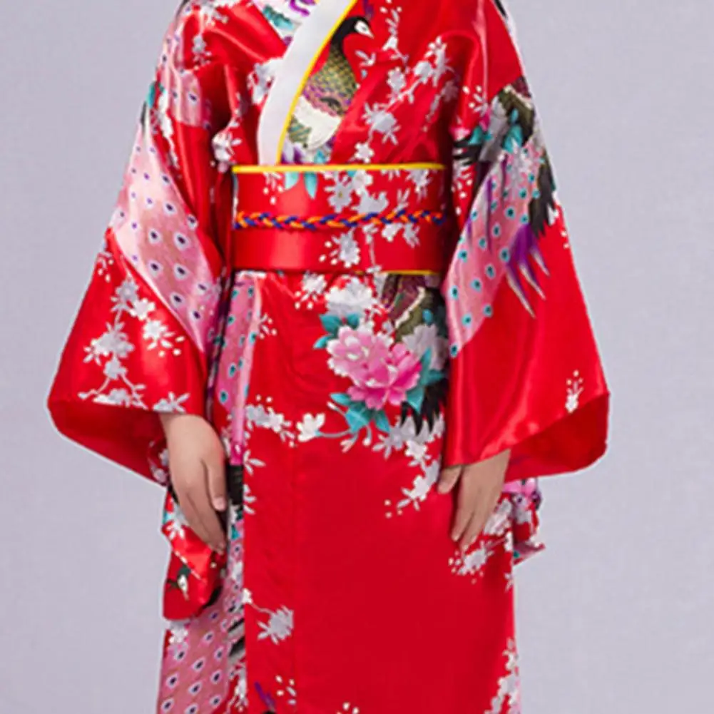 Elegant Japanese Girls Traditional Kimono Pajama Vibrant Colors Floral Peacock Print Japan Kimono