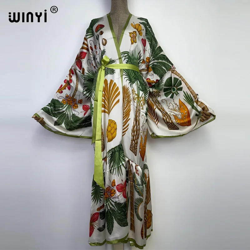 WINYI 여성용 비키니 커버 업, 블랙 레트로 패션 프린트, 셀프 벨트, 여름 의류, 기모노 드레스, 비치 웨어, 수영복 커버 업