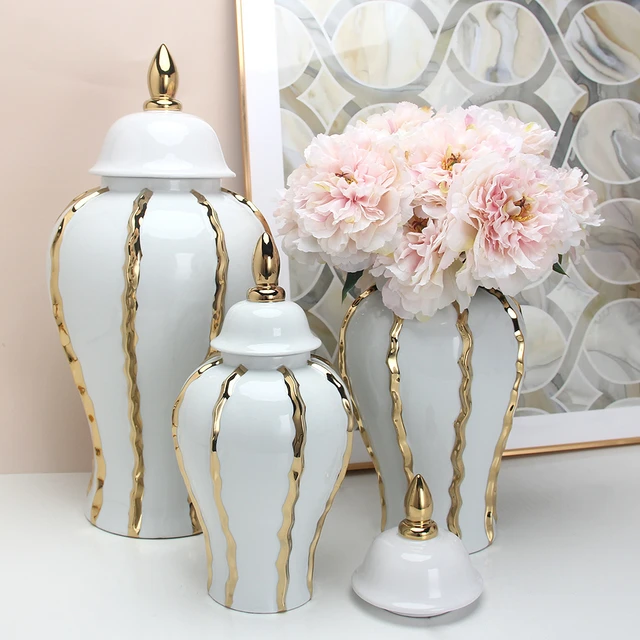 Jarrón de cerámica chapado en oro con forma de Granada, flores artificiales,  decoración de escritorio, artesanías, jarrones florales - AliExpress
