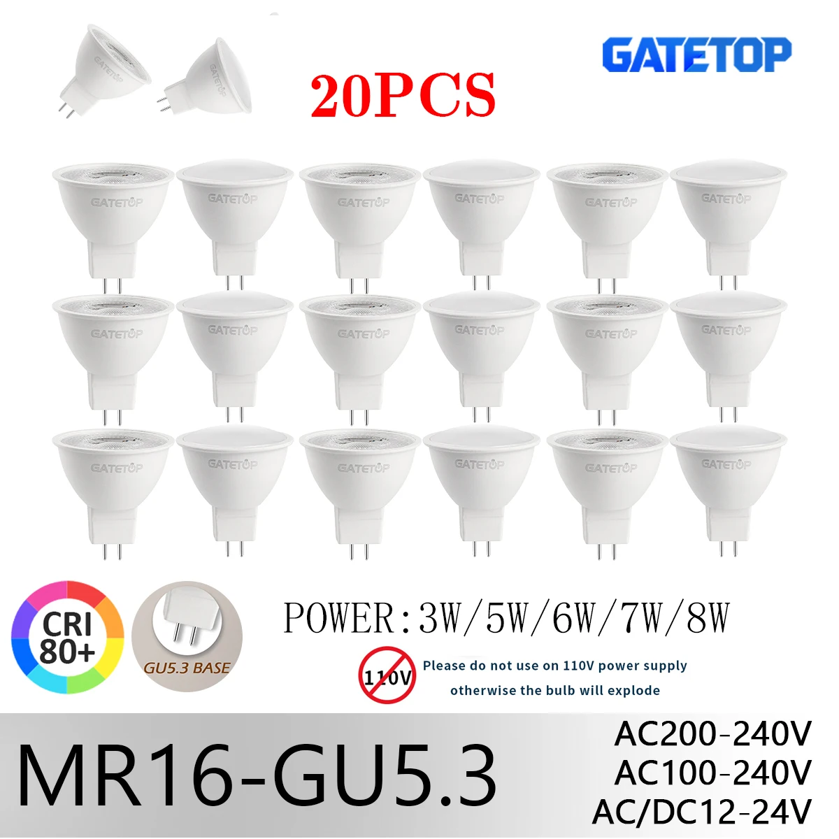 20 ชิ้น MR16 GU5.3 ไฟสปอตไลท์ LED หลายแรงดันไฟฟ้า 12V/110V/220V หลอดไฟทดแทนหลอดฮาโลเจน 50W สำหรับไฟเพดานบ้านและสำนักงาน 1