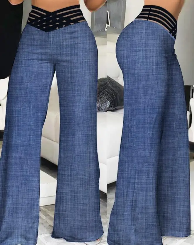 Women's Pants 2023 Summer Fashion Overlap Waist Sheer Mesh Patch Casual Plain High Waist Wide Leg Long Flared Pants Streetwear