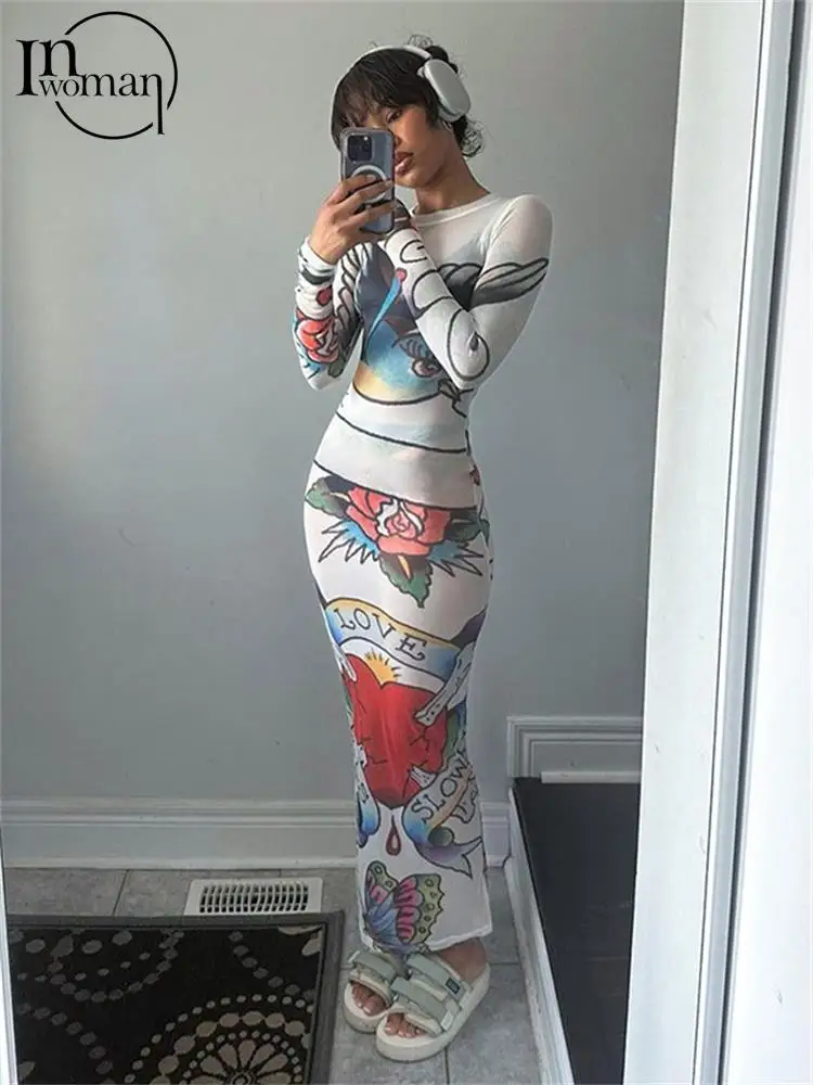 

Inwoman Fall Colour Graphic Maxi Dress Party Outfits For Women 2023 Sexy See Through Bodycon Long Dress Fashion Street Y2k Dress