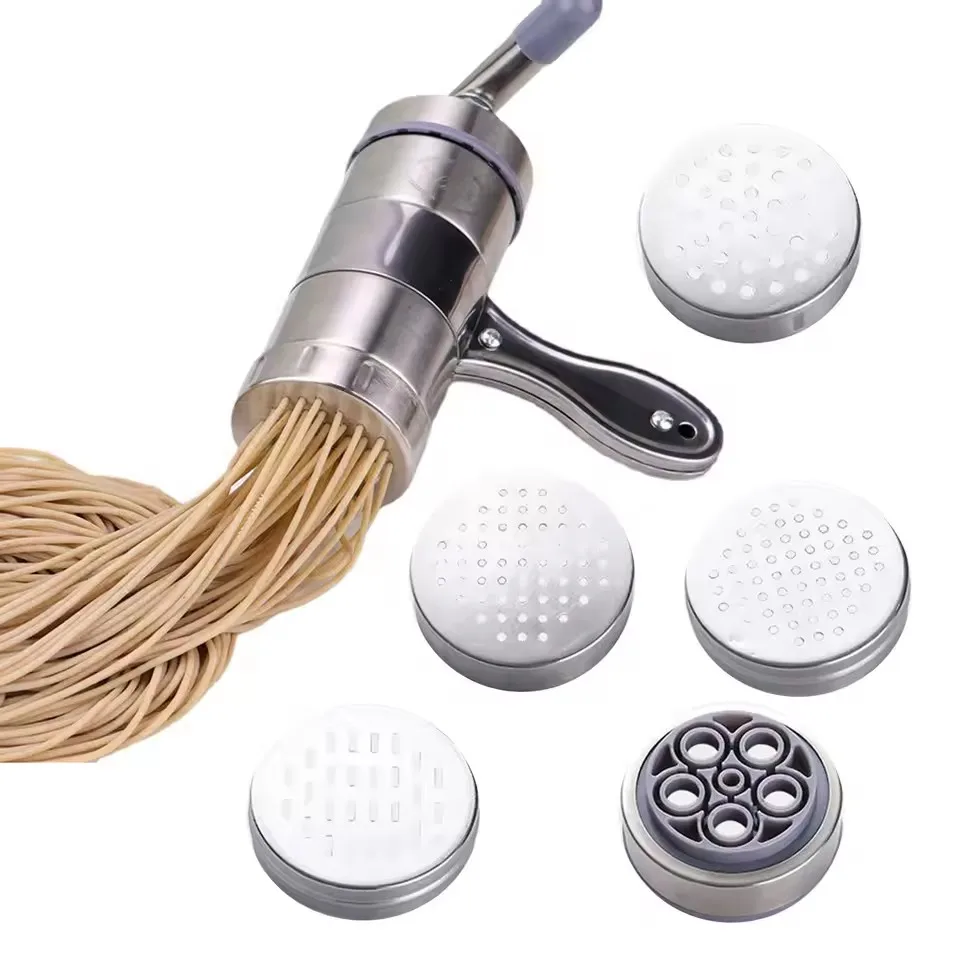 Stainless Steel Household Small Manual Noodle Pressing Machine Shake Pasta Noodle Making Machine with 2 Interchangeable Molds