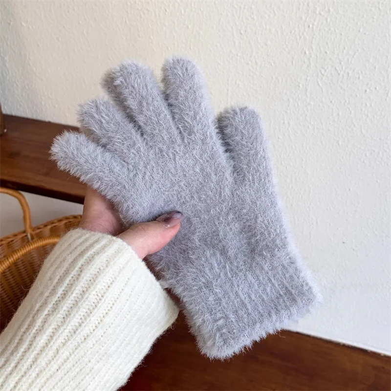 Korean Faux Fur Full Finger Gloves Women Winter Cashmere Wool Thick Warm Wrist Plush Gloves Solid Color Mittens