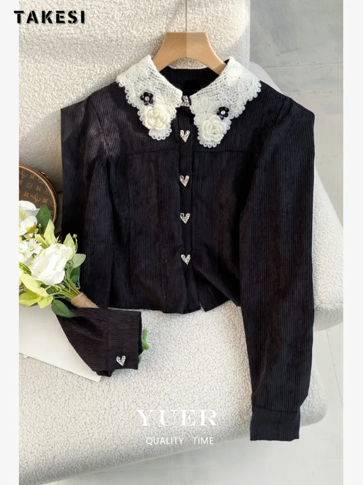 French Style Elegant Peter Pan Collar Black Patchwork Blouses 2023 Winter Women Casual Luxury Long Sleeve Warm Shirts Top