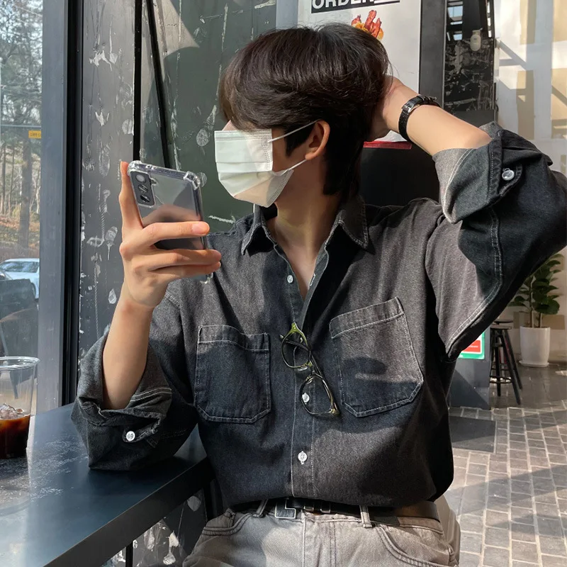 Spring Men's Denim long-sleeved pocket shirt casual Korean turn down button streetwear luxury big size stylish,denim shirt,long sleeved shirt