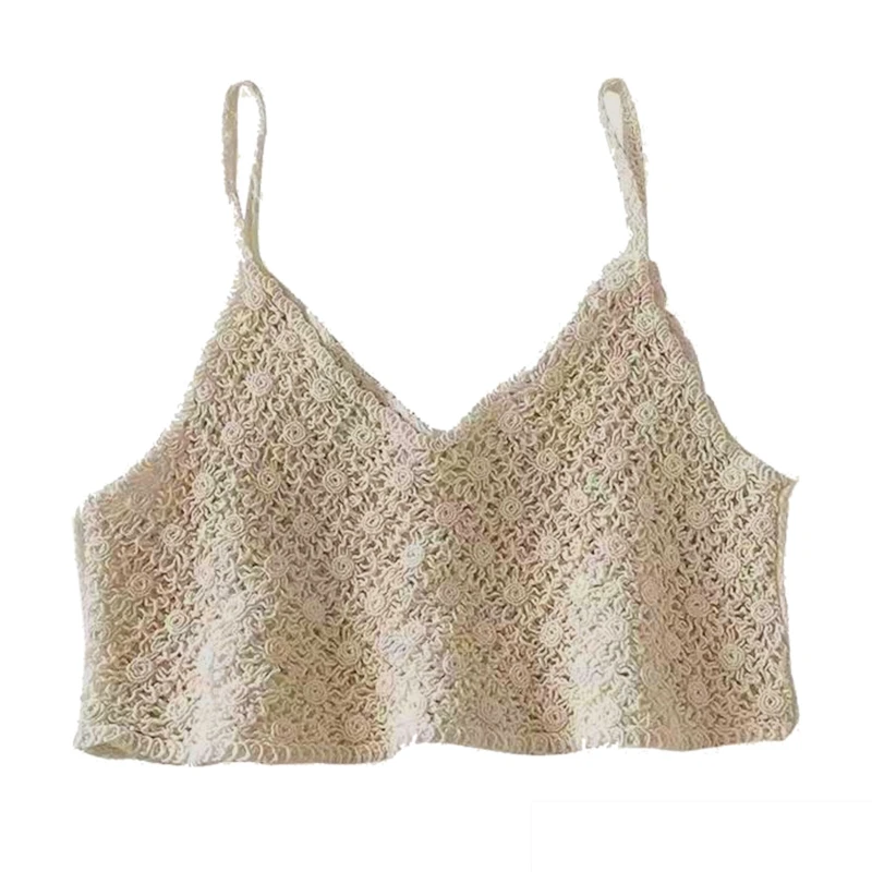 

Women Vintage French Crochet Sleeveless Camisole Vintage Hollow Out Knit Floral Crop Top Sexy V-Neck Backless Beach Sling Vest