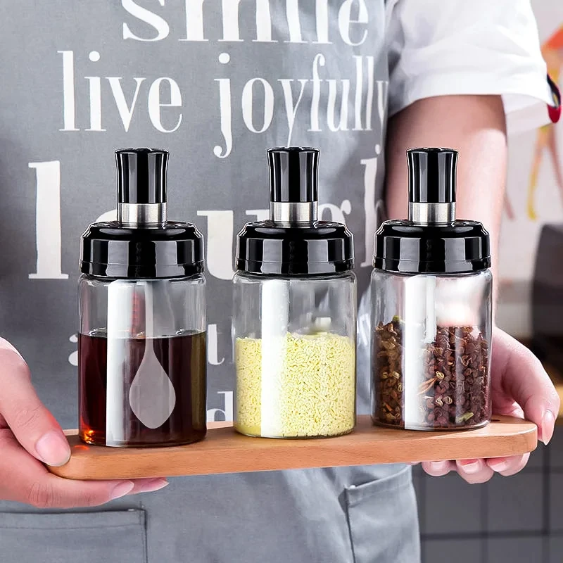 1Pc 250ml Transparent Spice Tank Automatic Opening and Closing Plastics for Filling Seasoning Oil Salt and Vinegar seasoning jar