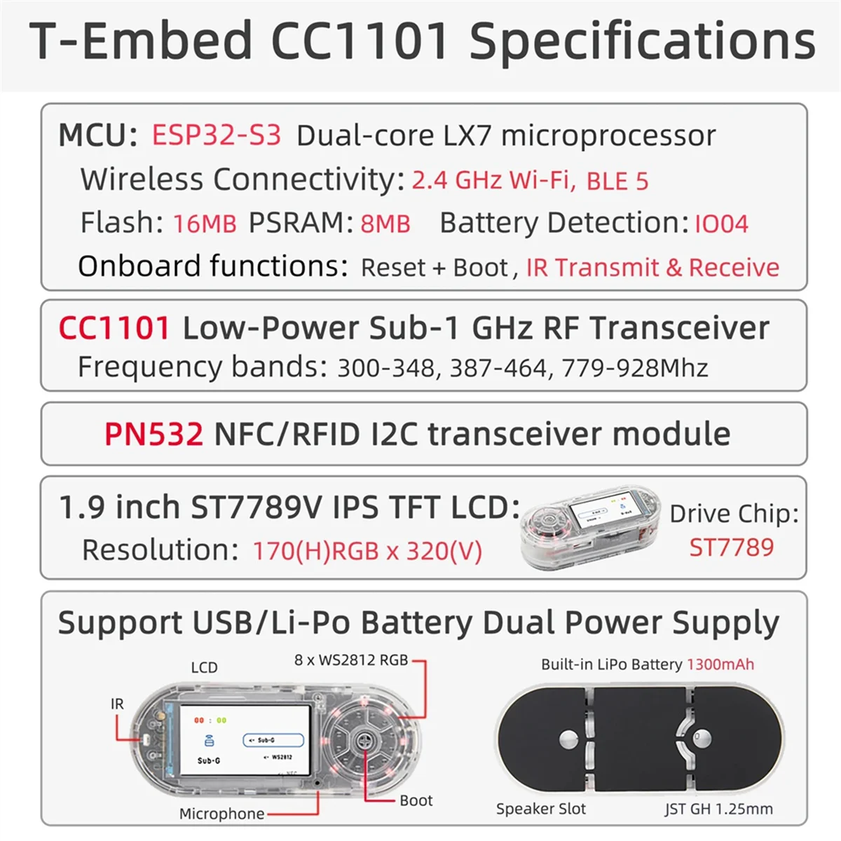 ABIY-LILYGO New T-Embed ESP32-S3 CC1101 Low-Power GHz RF Transceiver PN532 NFC RFID I2C Module LCD Board Battery 1300mAh