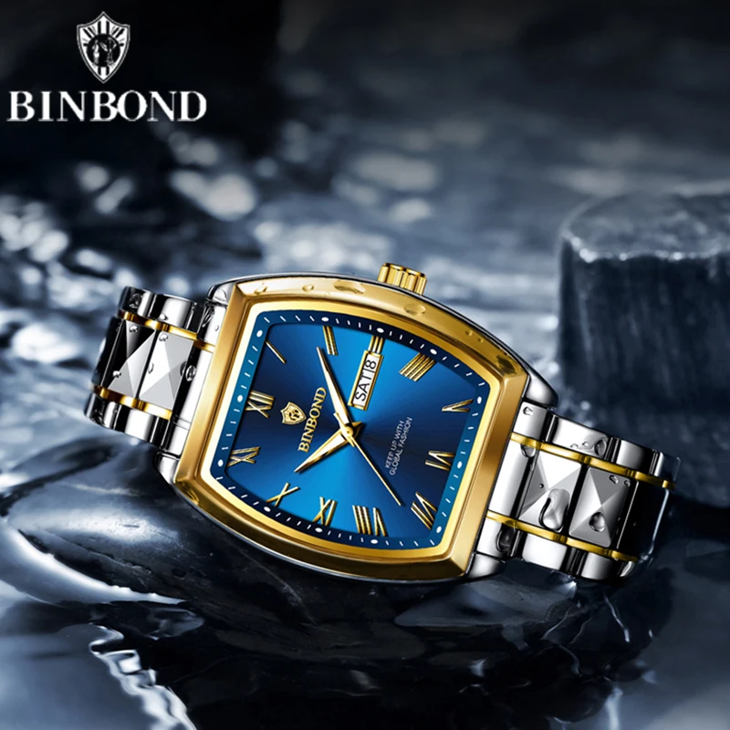 BINBOND B355 Stainless Steel Men Watch Top Quailty Luxury Push Button Hidden Clasp Waterproof Luminous Date Week Sport Men Watch 3