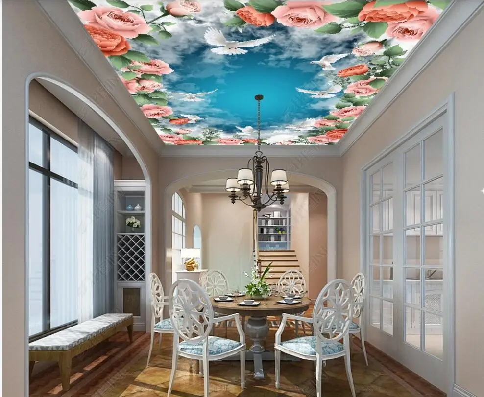 

3d ceiling mural wallpaper custom photo beautiful sky clouds scenery flowers white dove living room Wallpaper for walls in rolls