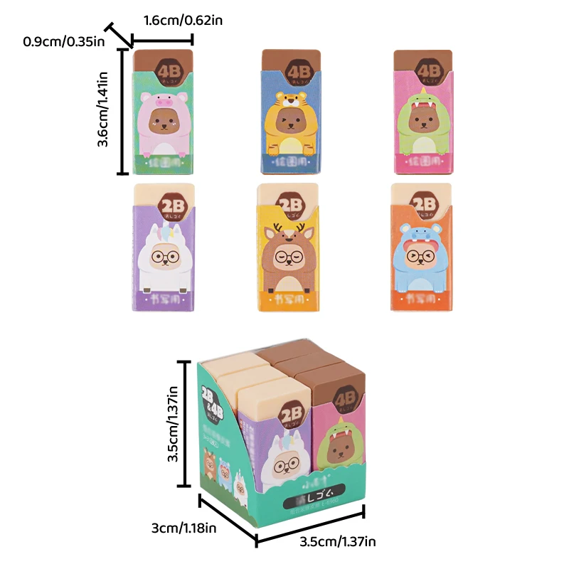 6 Cute Pencils 2B+4B Eraser Rich Colorful Vintage Animal System Rectangular School Student Writing Eraser