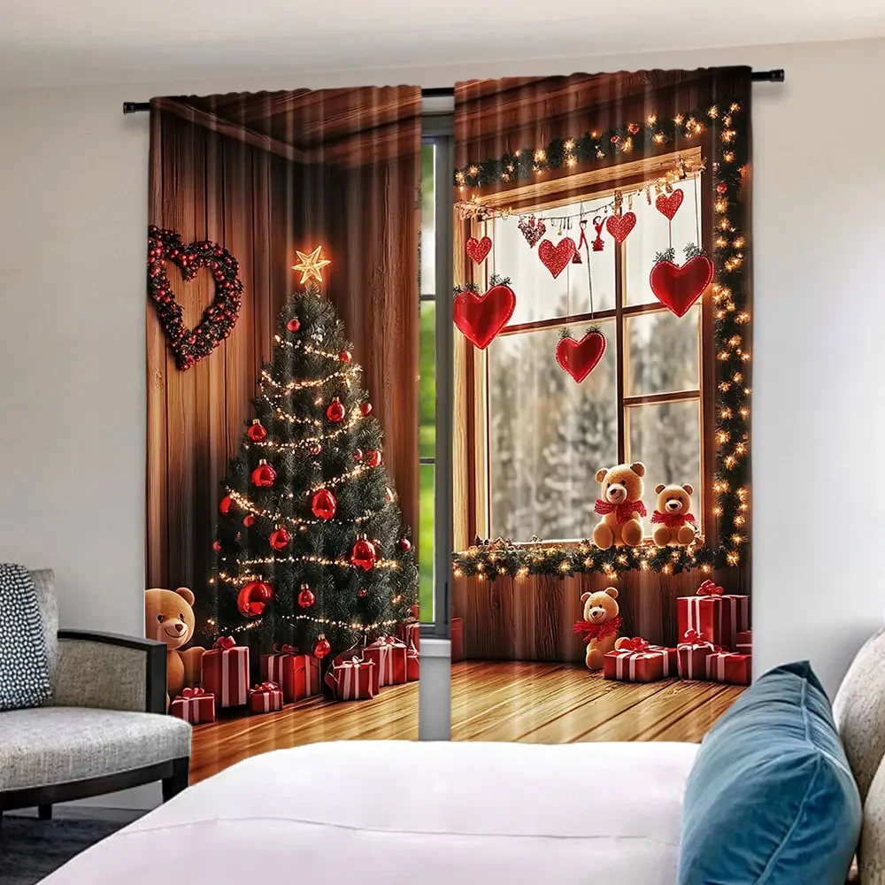 2Pcs Christmas Curtains Christmas Tree Cute Winter Holiday Xmas Gifts Snowflakes Elf For Living Room Window Home Drapes 5