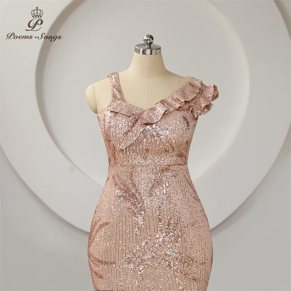 Rose Gold Sequins Plus Size Evening Dress Ruffle Spaghetti One