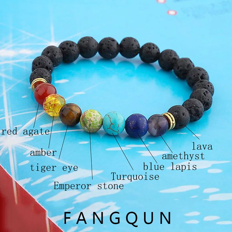 Happy Together Unisex 7 Lava Stone Bracelet Crystal Balancing Natural Gemstone Round Beads for Man Woman