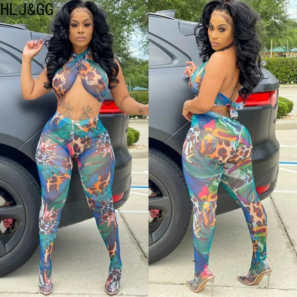 HLJ&GG Sexy Mesh Printing Bandage Two Piece Sets Women Halter Backless Crop Top And Skinny Pants Outfits Fashion 2pcs Streetwear