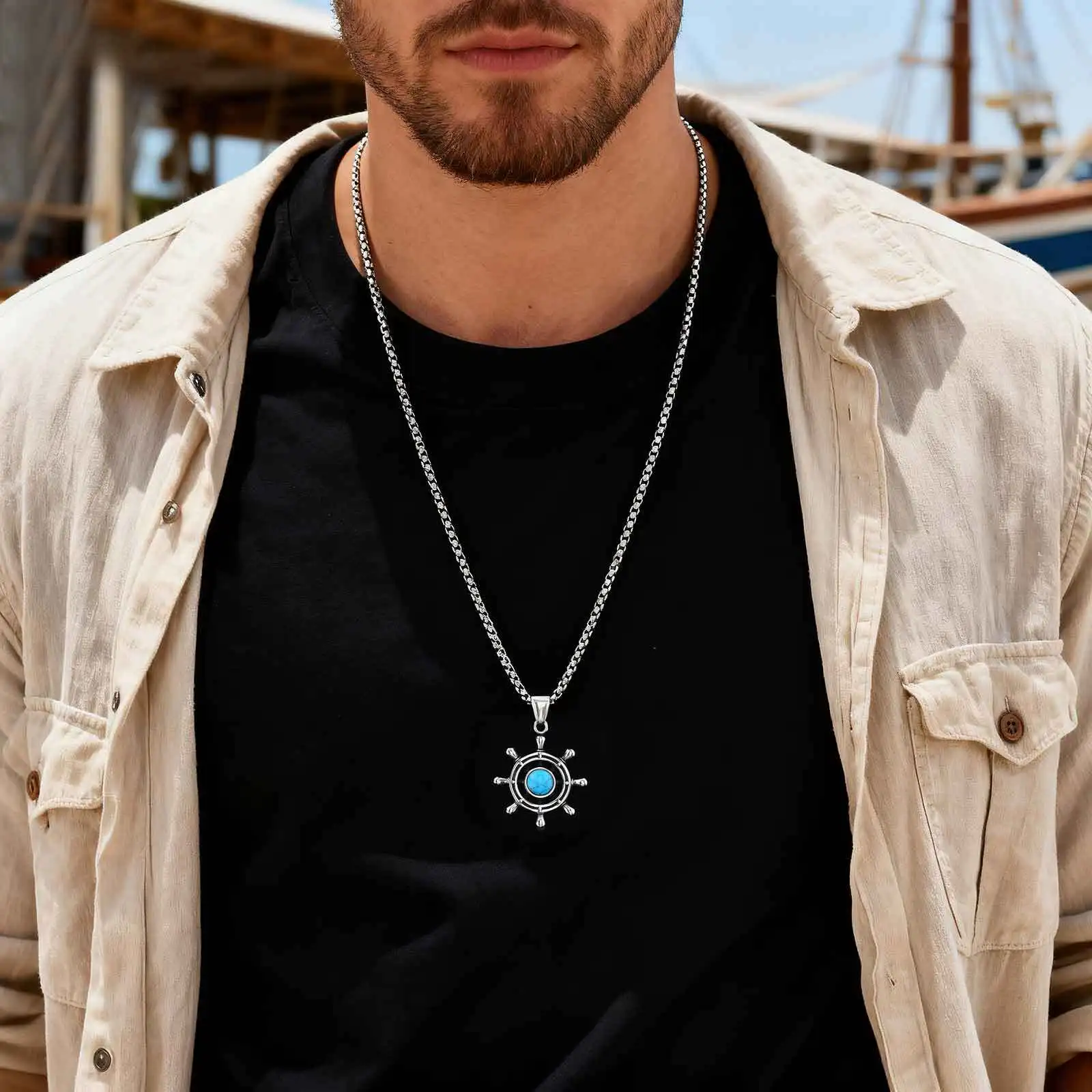 Stainless Steel Rudder Turquoise Necklace for Men,Silver Color Natural Stone Metal Pendant,Trendy Healing Jewelry Gift