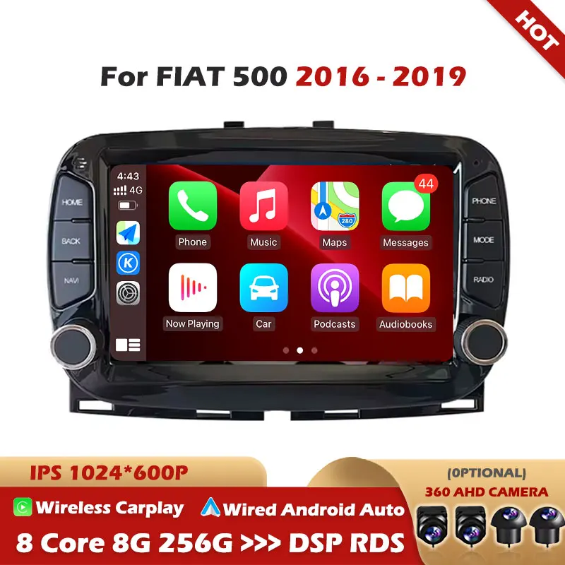 Autoradio GPS da 7 Pollici per FIAT 500 2016-2019 con Android Auto, Carplay, Lettore Multimediale, WiFi 5G, Bluetooth, Telecamera 360°, DSP