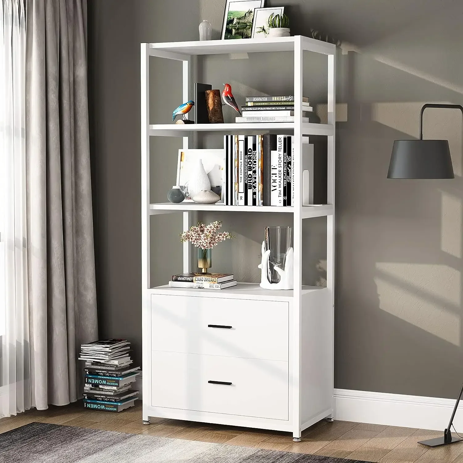 

Free Shipping Tribesigns Bookcase 4-Tier White Bookshelf 2 Drawers Book Shelf Display Shelf For Home Office