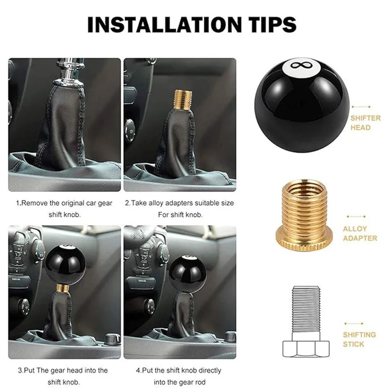 Pommeau De Levier De Vitesse Noir, 8 Huit Boules De Billard, Avec Adaptateur, Tête De Levier De Manette De Vitesse AT/MT Universelle Pour Véhicule, Accessoires De Voiture En Acrylique