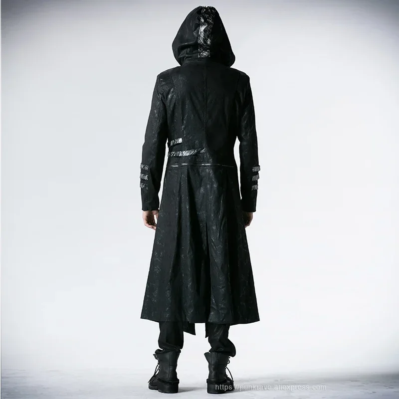 PUNK RAVE Men's Gothic Long Winter Black  Adjustable Jackets Punk Style Visual Kei Fashion Coat Hoodie Windbreaker Men 4