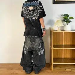 Retro Street Fashion Y2 Gothic Printed High Waist Jeans for Men Y2K Loose Wide Leg Pants for Women Black Pants