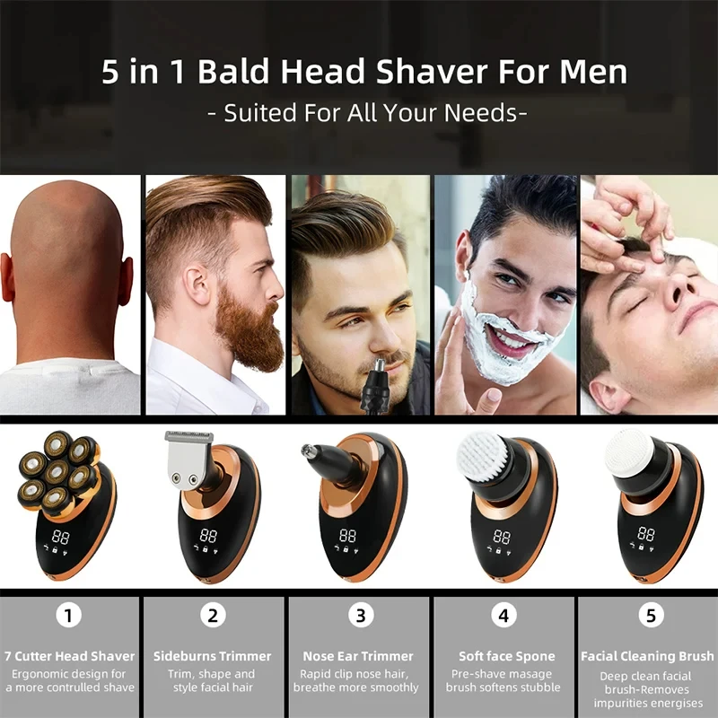 7D Floating Men Shaver Wet Dry Beard Hair Trimmer Electric Razer Rechargeable Bald Head Shaver Device LCD Display_voghion.com
