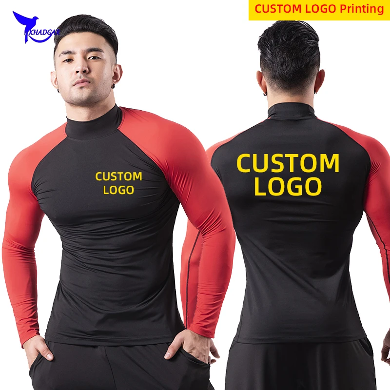 

Custom LOGO Men Bodybuilding Sport T-shirt Stand Collar Quick Dry Running Undershirt Long Sleeve Gym Tops Fitness Rashgard