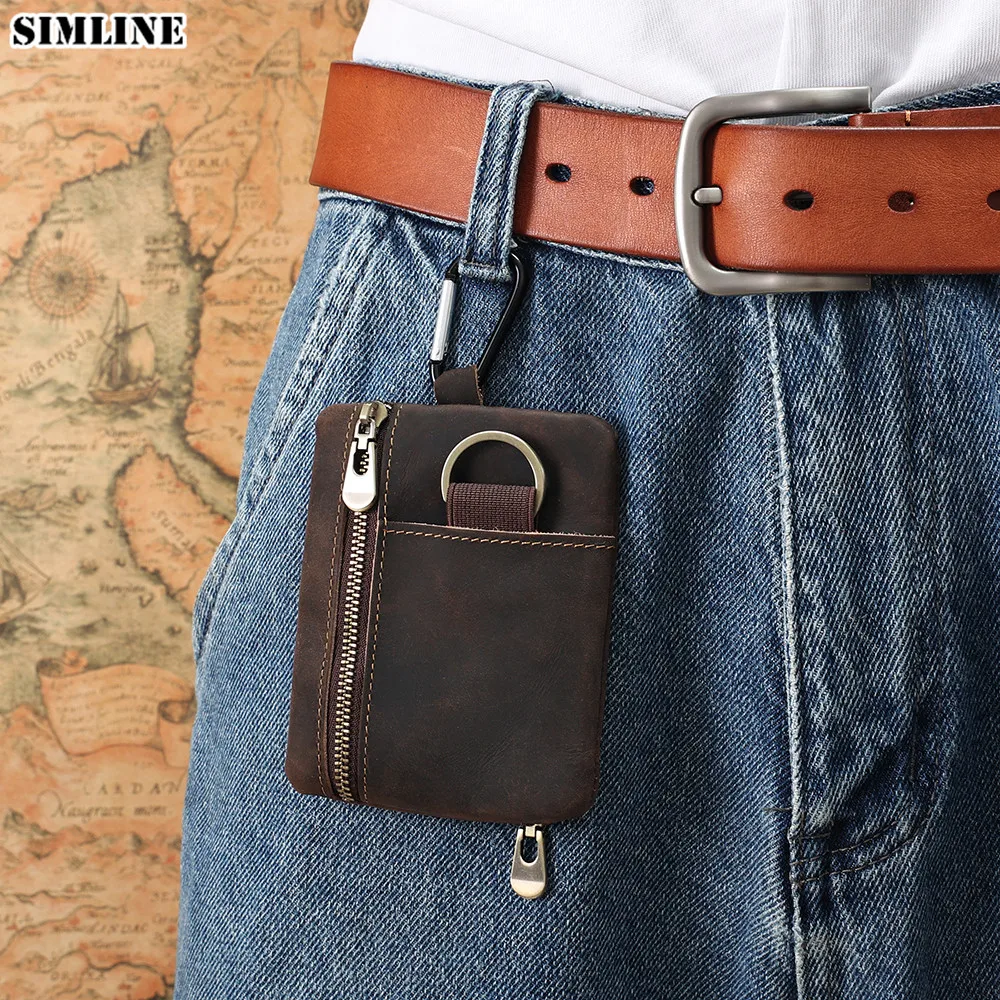 

Genuine Leather Coin Purse For Men Women Vintage Short Small EDC Zipper Wallet Card Holder Money Bag Pouch Pocket With Key Ring