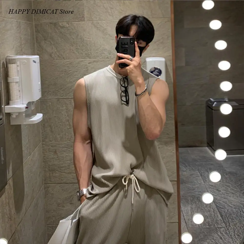 Vest and Trousers 2 Piece Suit Summer New Men's Casual Tank Tops Set Luxury Clothing Korean Streetwear O Neck Solid Drape Tops