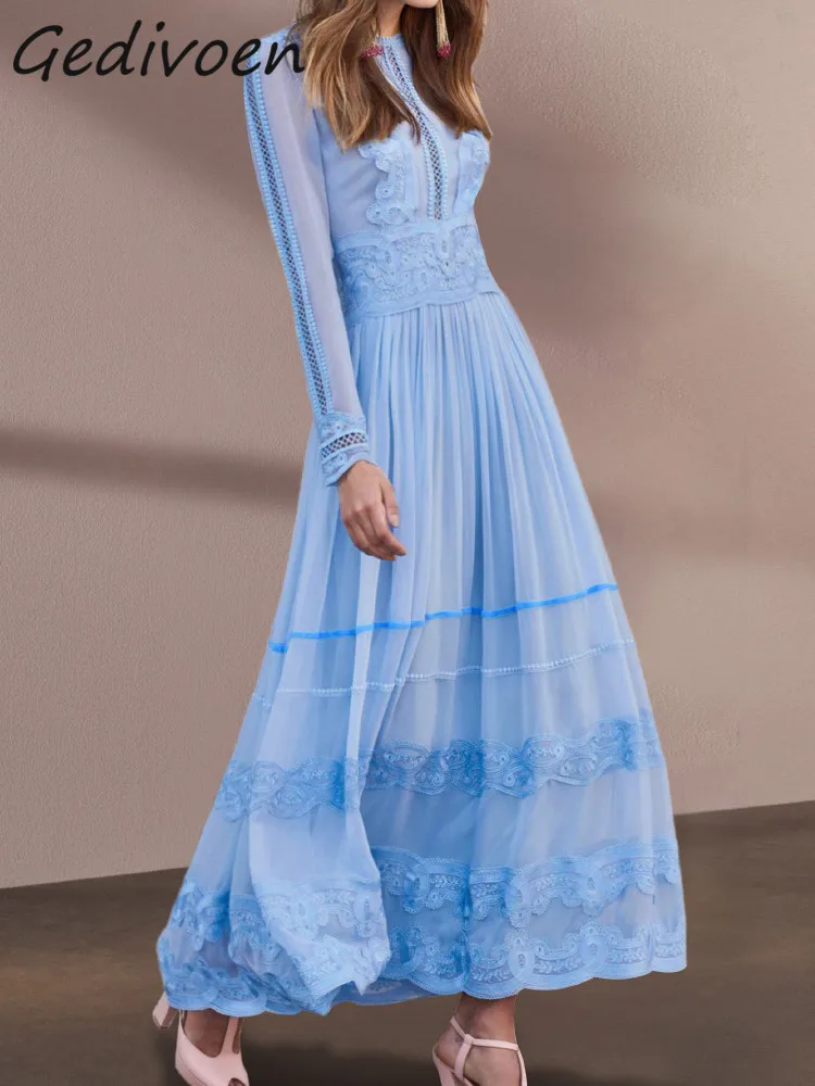 

Gedivoen Fashion Designer Summer Vintage Pleated Dress Women's Lace Long Sleeve High waist Splicing Ruffles Blue Slim Long Dres