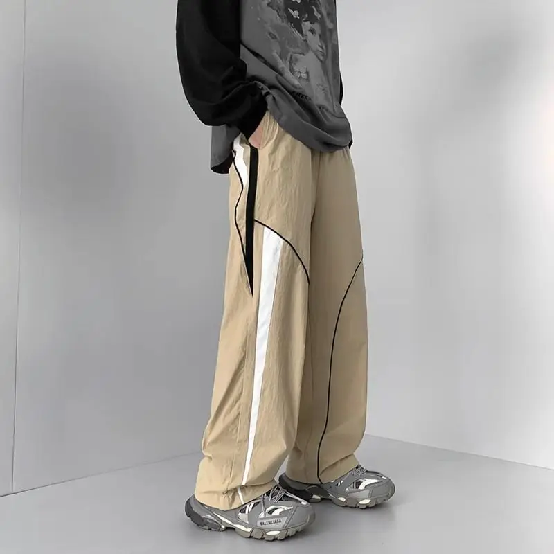 American Style Summer Pants Men's Patchwork Contrast Color Pockets Loose Straight Outdoor Casual Elastic Waist Wide Leg Trousers