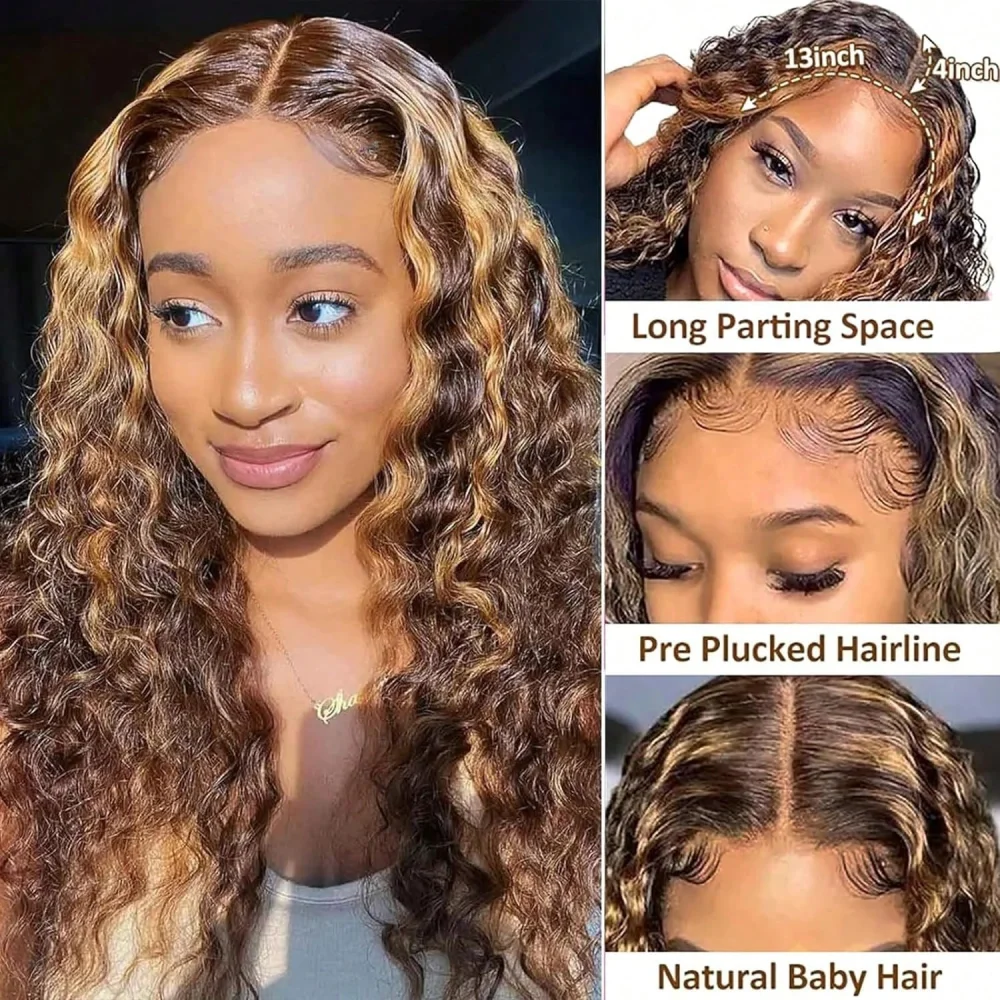 Highlight Ombre 13x4 5x5 Lace Front Wig 30 34 Inch Human Hair Wigs Honey Blonde Colored Water Deep Wave Frontal Wigs For Women 2
