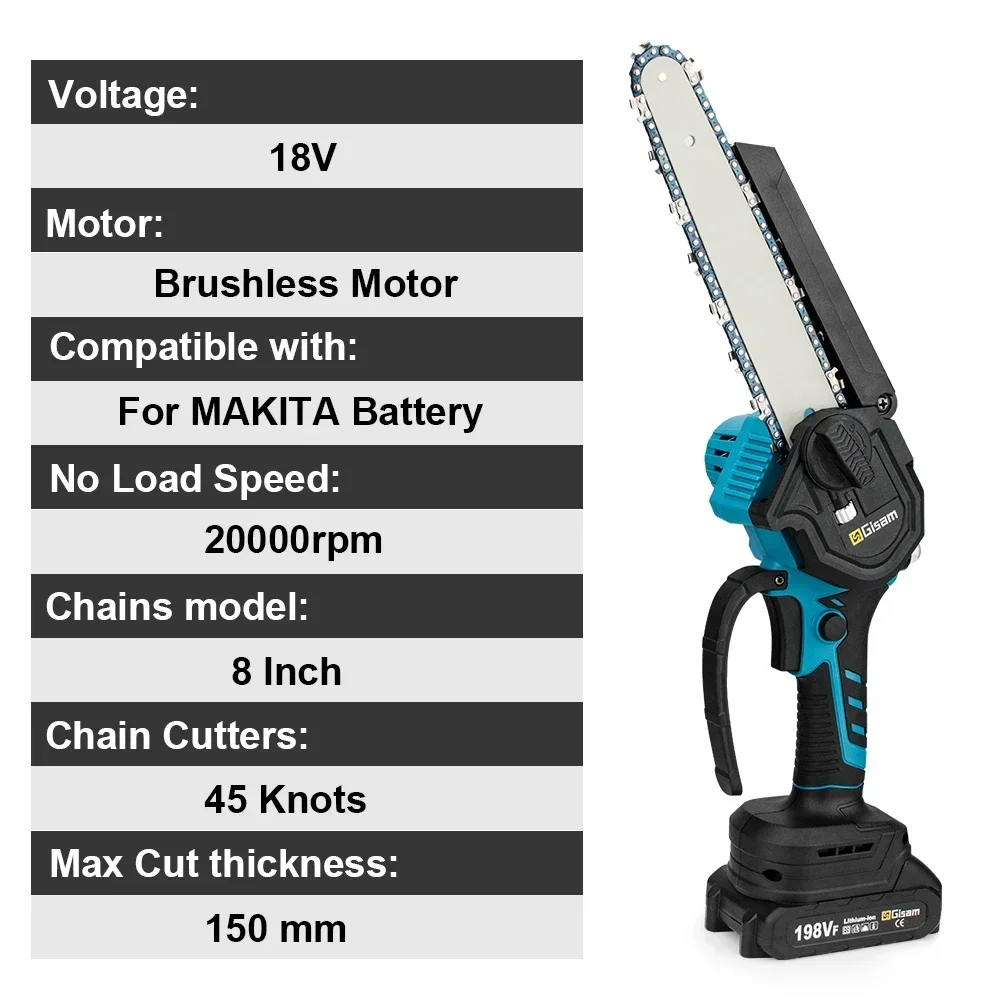 8 Inch Brushless Electric Saw Automatic Oiler Digital Display Garden Wood Logging Chainsaw for Makita 18V Battery Power Tools 2