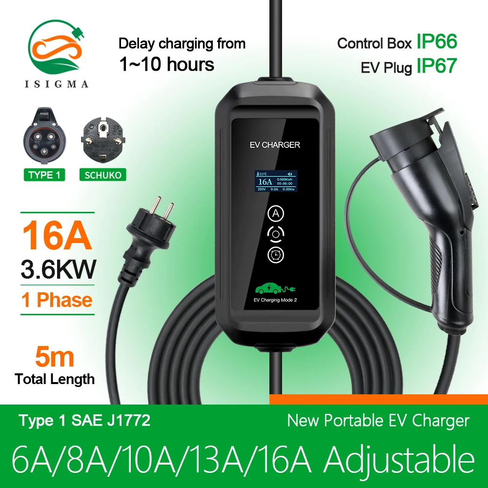 

ISIGMA 6/8/10/13/16A Adjustable portable car charger with type1 SAE J1772 and Schuko plug IP67 Electric Vehicles Charger