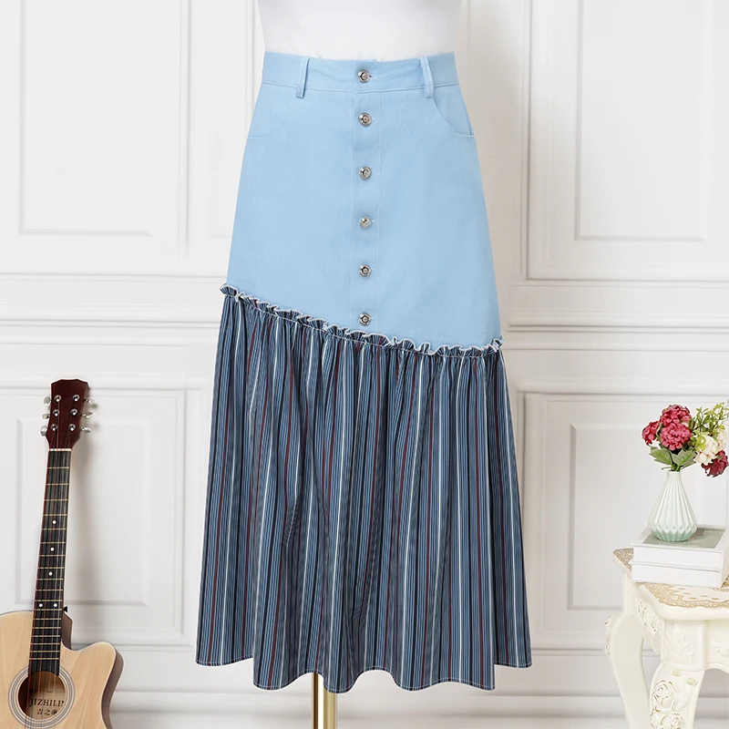 Autumn Denim High Waist Patchwork Skirt for Women
