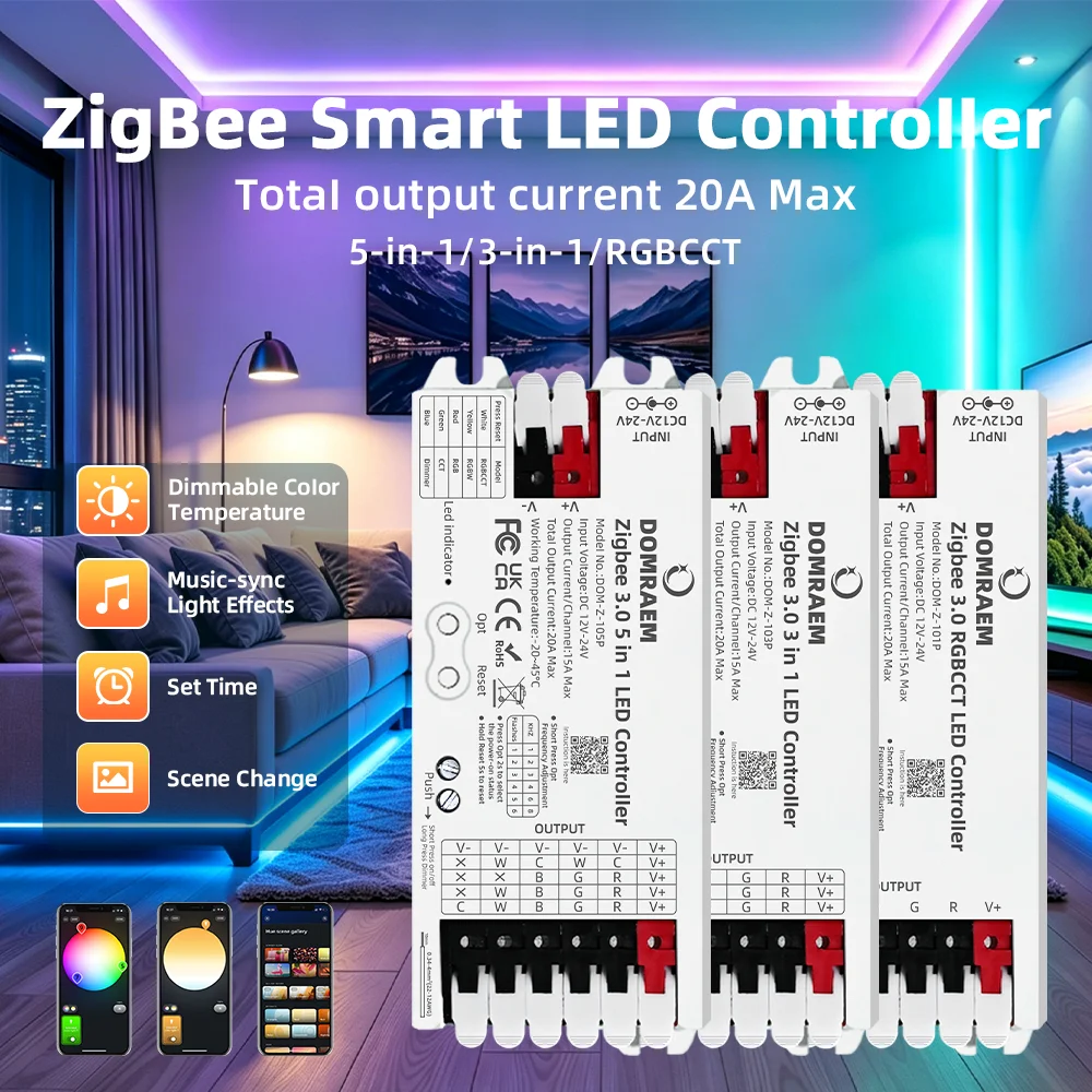 DOMRAEM 20A Zigbee3.0 5 in 1/3 in 1/RGBCCT LED Strip Controller Smart Dimmer Works with HU*E SmartThings Tuya Smartlife Alexa HA