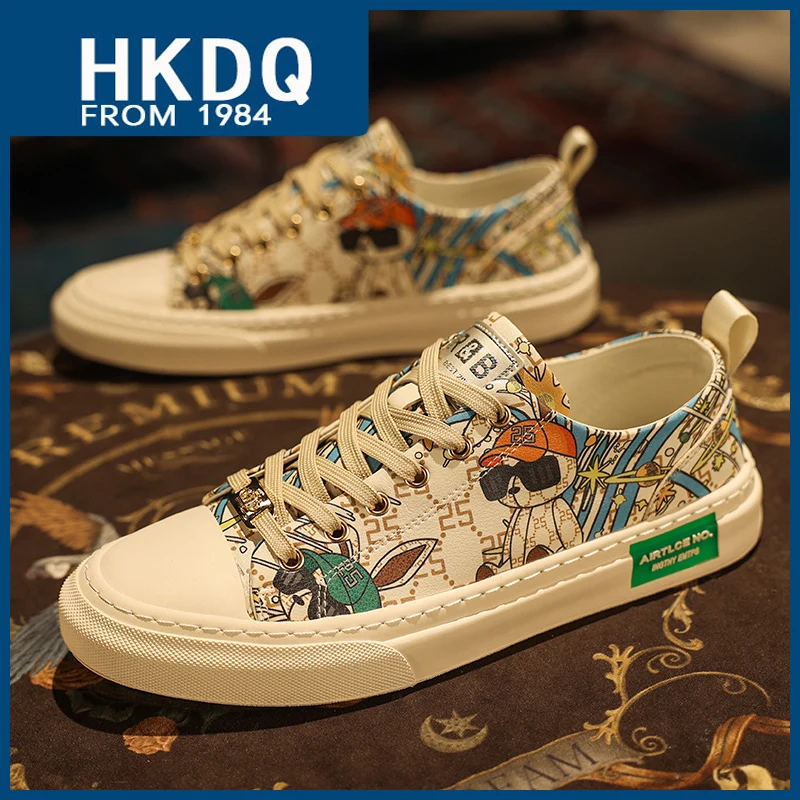 HKDQ Graffiti Original Men's Sneakers Fashion Leather Designer Shoes Man Low-cut Men Vulcanization Shoes Comfy Flat Casual Shoes