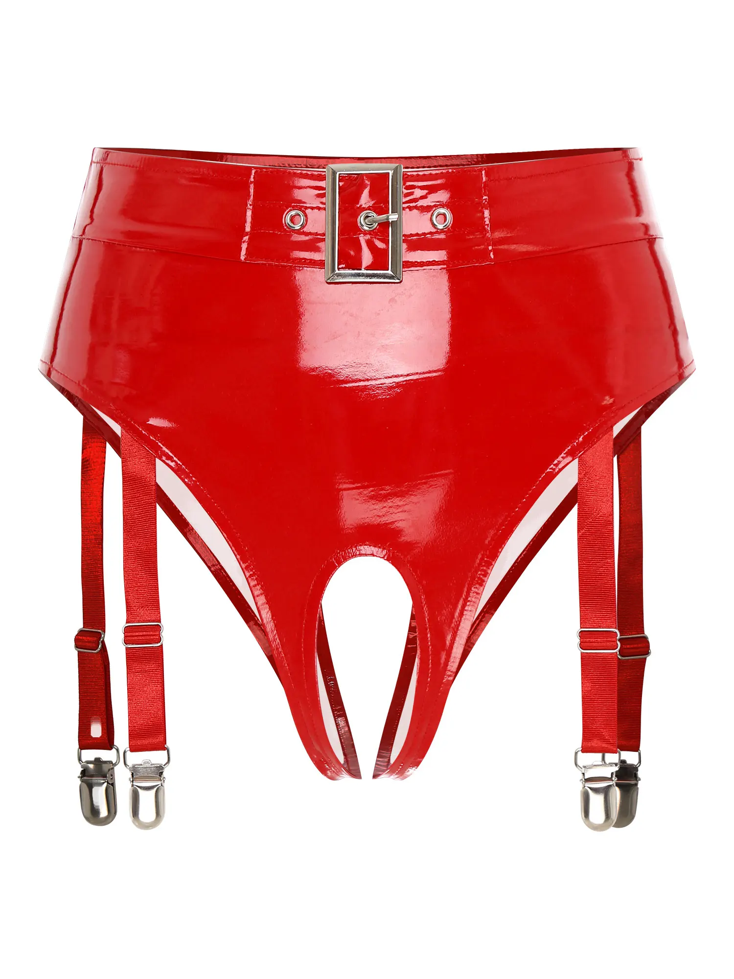 Women's Wet Look Patent Leather Crotchless Underwear Garter Clip High Waist Sexy Open Crotch Latex Thong Lingerie Nightwear